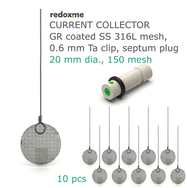 Current Collector - Graphite coated Stainless Steel 316L mesh with Tantalum clip and septum plug